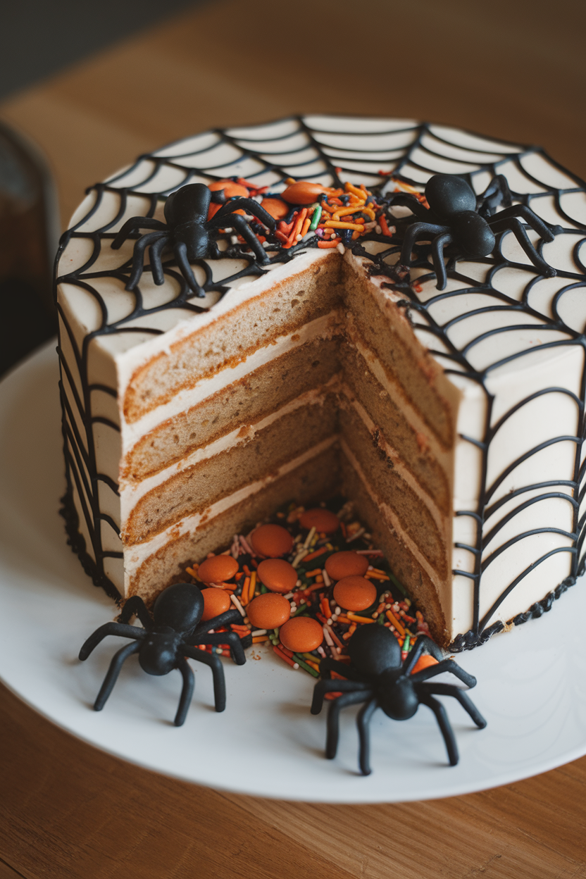 Indoor photo of a cut-open layer cake spilling candy spiders and sprinkles from its hollow center. No text or logos.