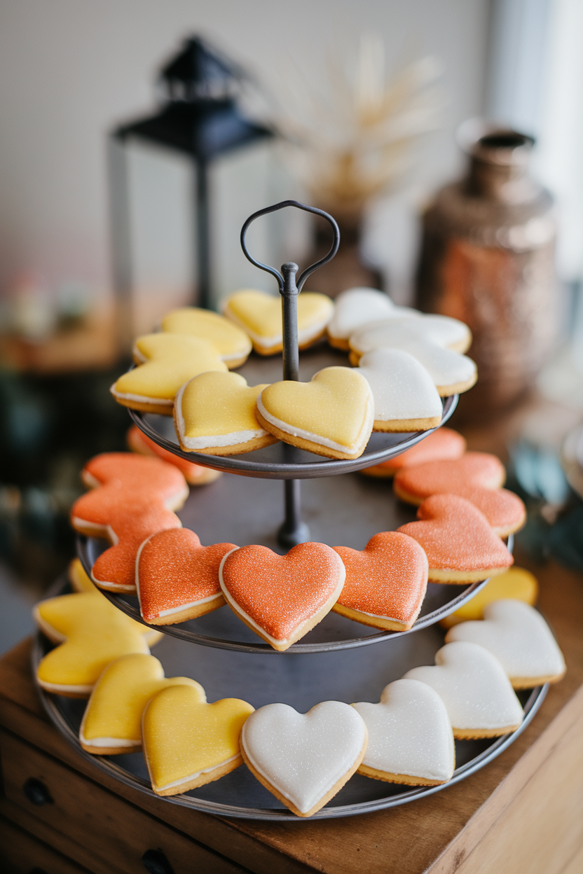 Indoor photo of heart-shaped cookies divided into yellow, orange, and white glittering sections, arranged on a tiered tray, no text or logos.