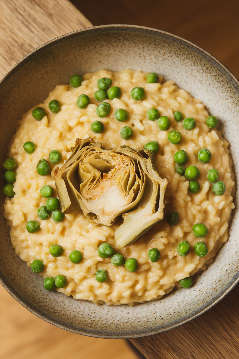 Photo of creamy risotto dotted with green peas and artichoke hearts on an indoor shallow bowl; no text or logos.