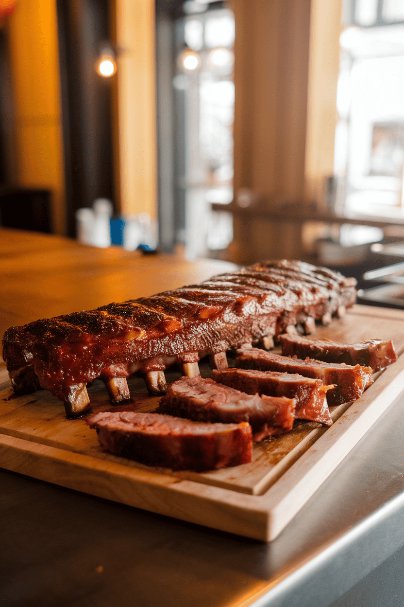 A warmly lit indoor counter showcasing a rack of cooked baby back ribs sliced and arranged on a wooden board, glossy barbecue glaze catching the light. No text or logos visible. Photo, not illustration.
