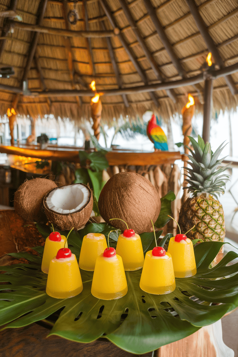 Indoor tropical bar with yellow pineapple jello shots containing a cherry at the bottom, inverted for serving, no logos visible