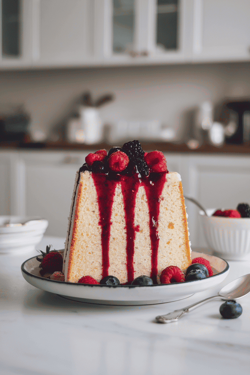 Indoor airy kitchen scene with a tall angel food cake slice topped by spooned mixed berry sauce, fluffy texture evident. No text or logos. Photo only.