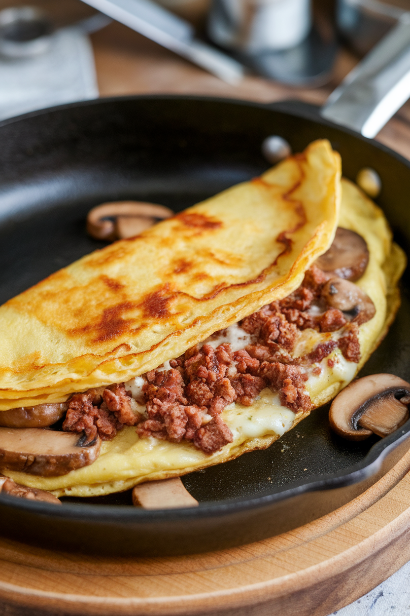 Indoor skillet photo of a folded omelet hiding sautéed mushrooms, crumbled burger patty, and melted Swiss cheese. No text or logos.