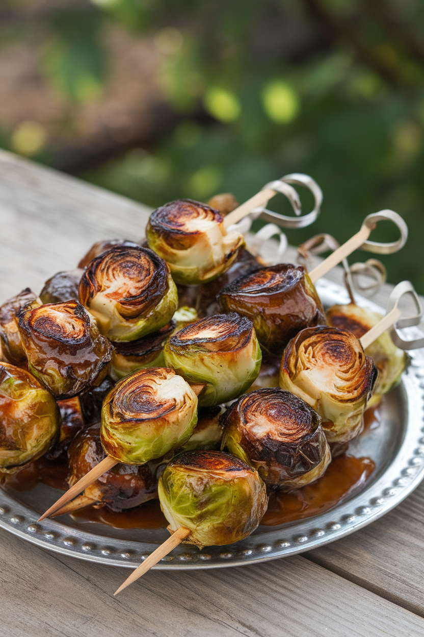 An indoor platter of charred Brussels sprouts threaded on short wooden skewers and lacquered with a shiny maple glaze. No text or logos present. Photo, not illustration.