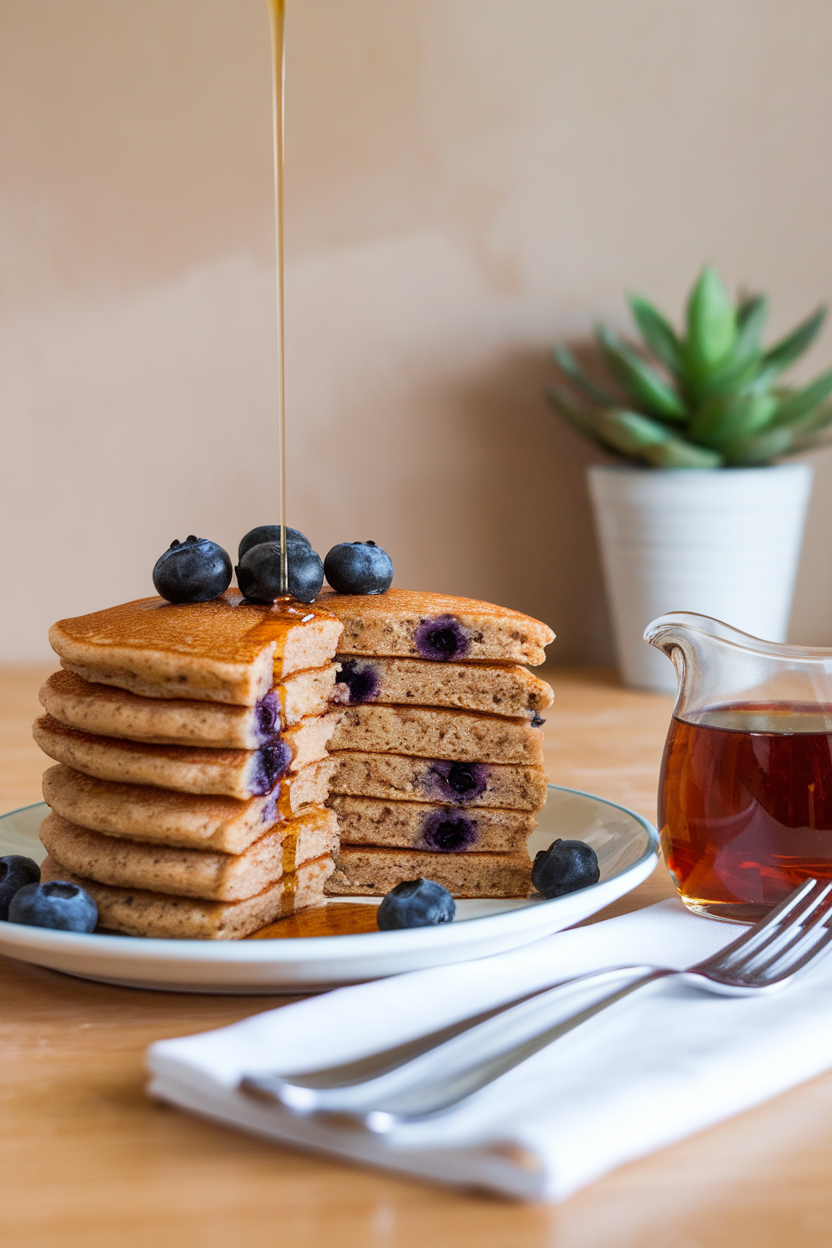 Stack of fluffy buckwheat pancakes studded with blueberries on an indoor breakfast table, maple syrup drizzling from a small pitcher. No text or logos.