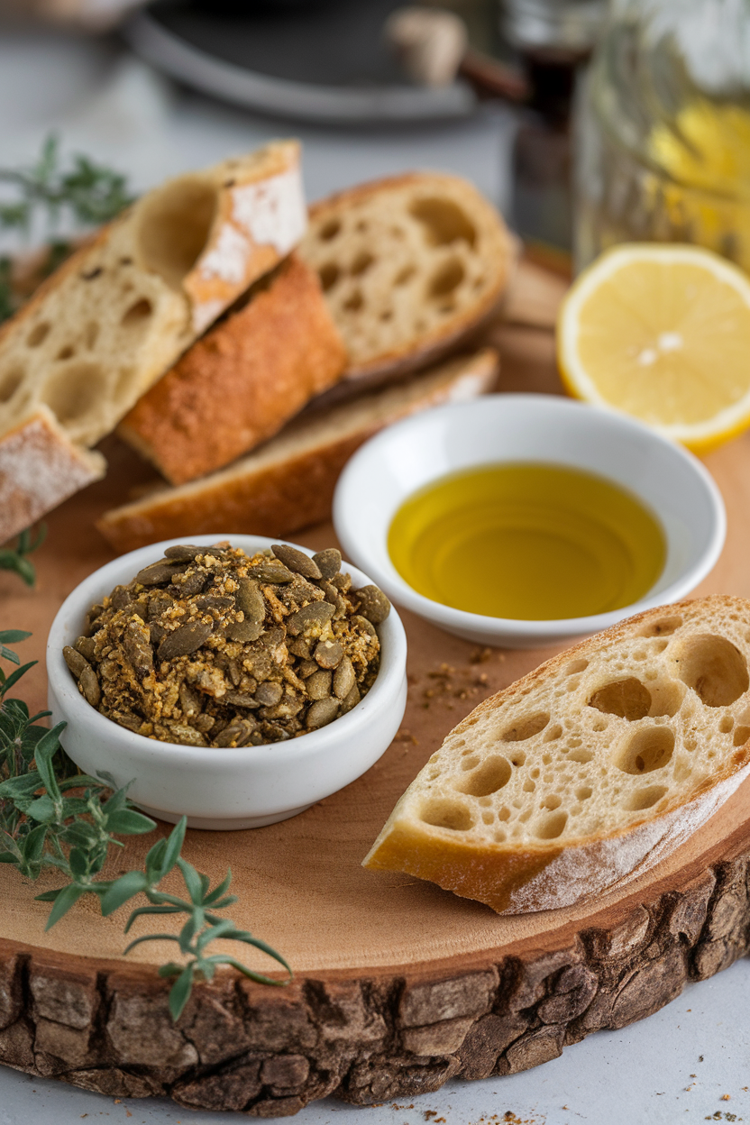 An indoor rustic board featuring a small bowl of greenish pumpkin seed dukkah, a dish of olive oil, and torn baguette pieces for dipping. No text or logos. Photo, not illustration.