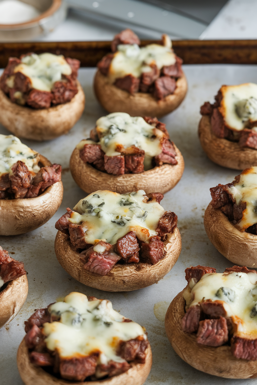 Indoor photo of large mushroom caps filled with diced steak and melted blue cheese, resting on a baking sheet, no text or logos. Photo only.