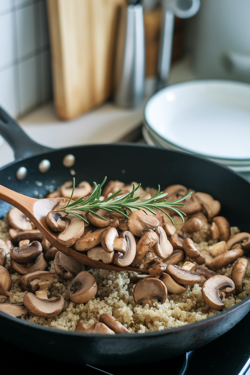 Indoor kitchen skillet of sautéed garlic mushrooms being spooned over quinoa, rosemary sprig on top; no logos or text.