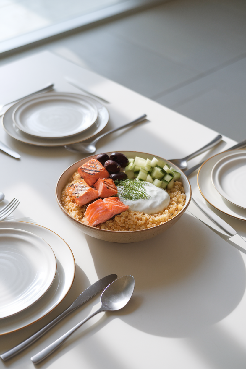 Photo of a brightly lit indoor table with a bowl of bulgur wheat, grilled salmon chunks, diced cucumber, olives, and dill yogurt sauce. No logos or text visible.