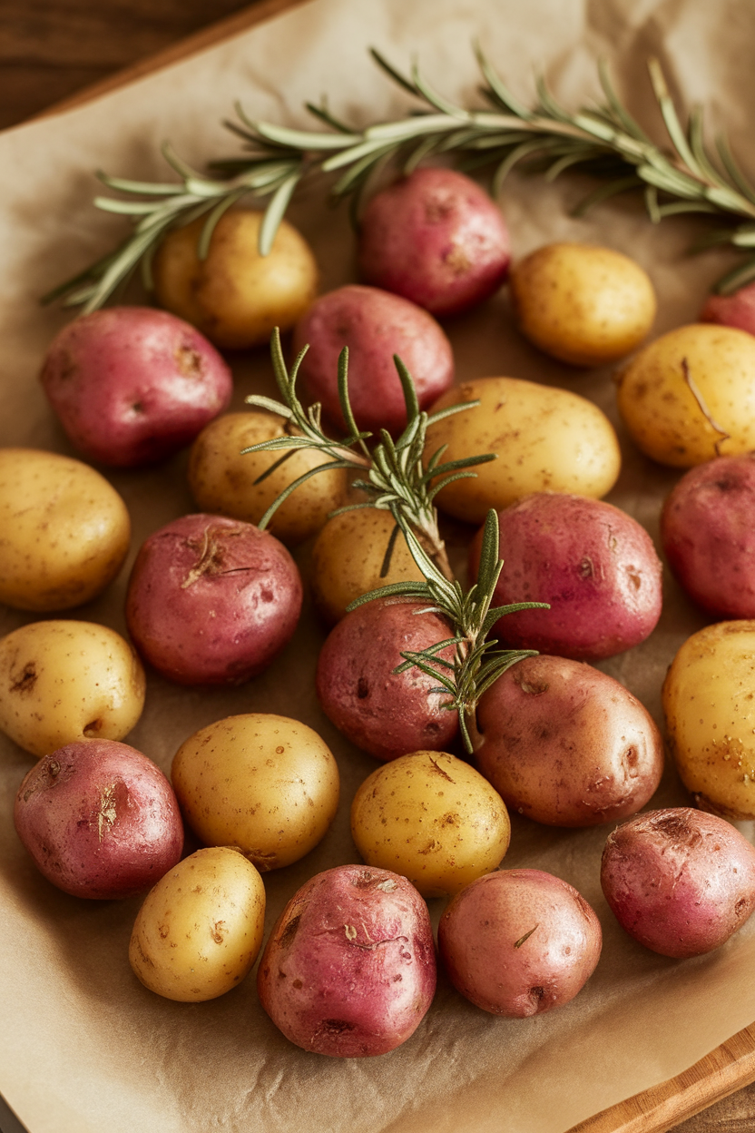 Baby potatoes in assorted colors roasted with rosemary, photographed indoors on parchment; no text or logos. Photo only.