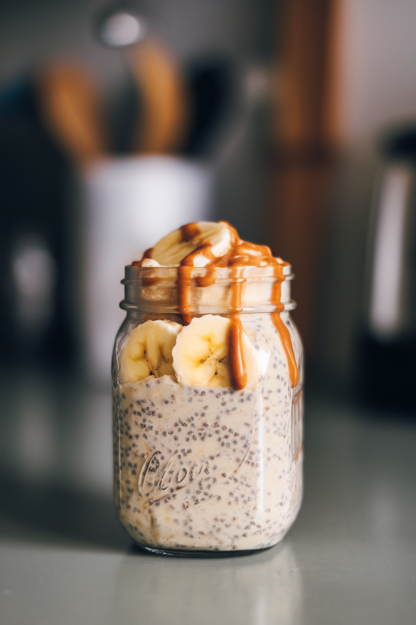 Indoor photo of a mason jar filled with creamy overnight oats dotted with chia seeds and topped with banana slices and a drizzle of almond butter. Cozy countertop setting, no text or logos.