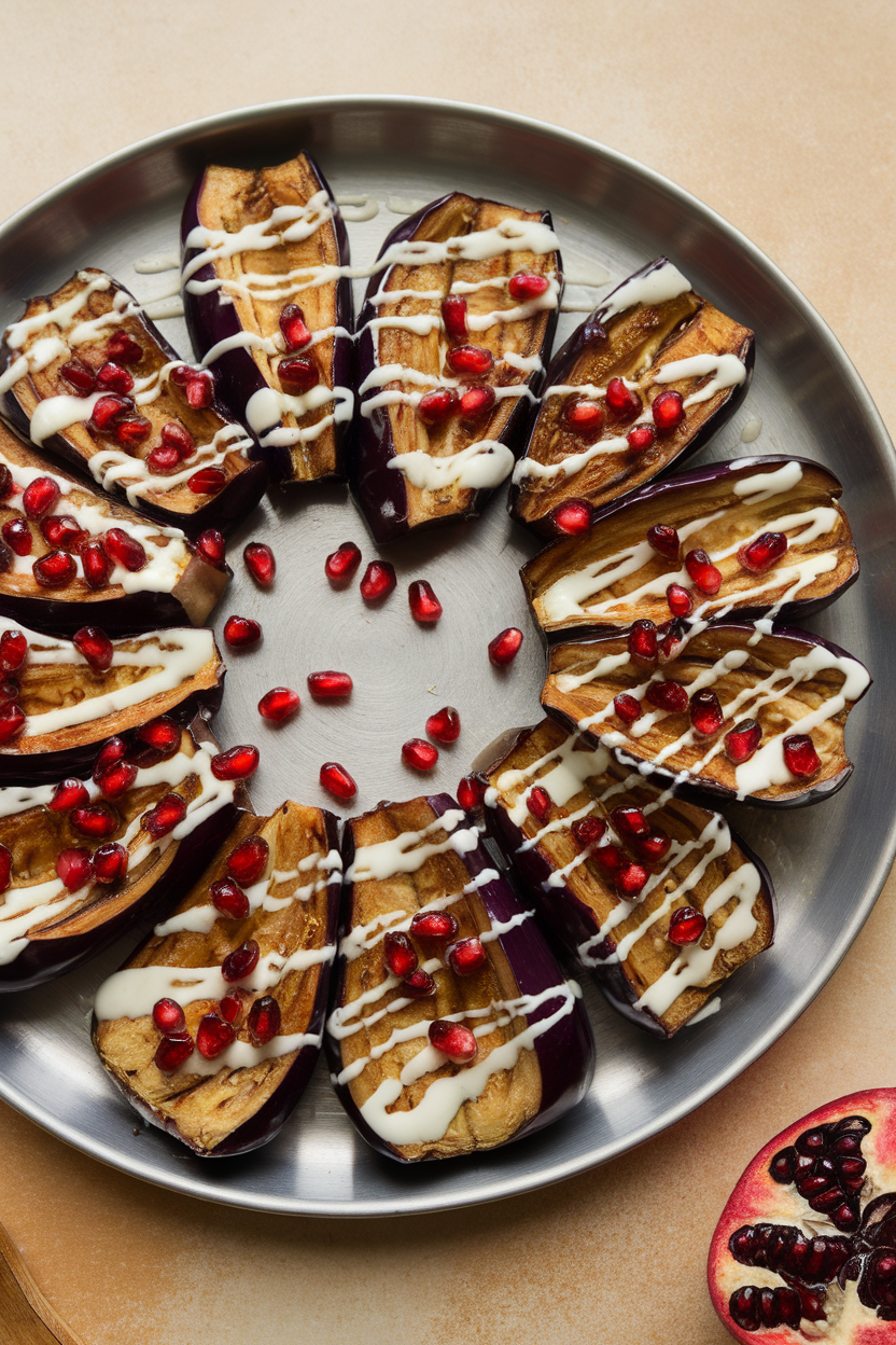 A serving platter indoors holding broiled eggplant halves drizzled with tahini sauce and sprinkled with pomegranate seeds. No text or logos.