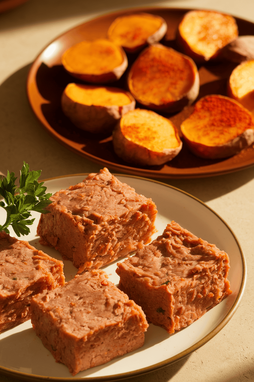 Warmly lit indoor photo of bite-sized turkey meatloaf squares beside roasted sweet-potato rounds sprinkled with paprika; no text or logos.