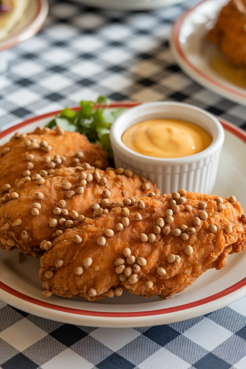 Indoor diner-style plate with fried chicken breasts dotted with whole mustard seeds, small ramekin of honey mustard dip, photo only, no text or logos