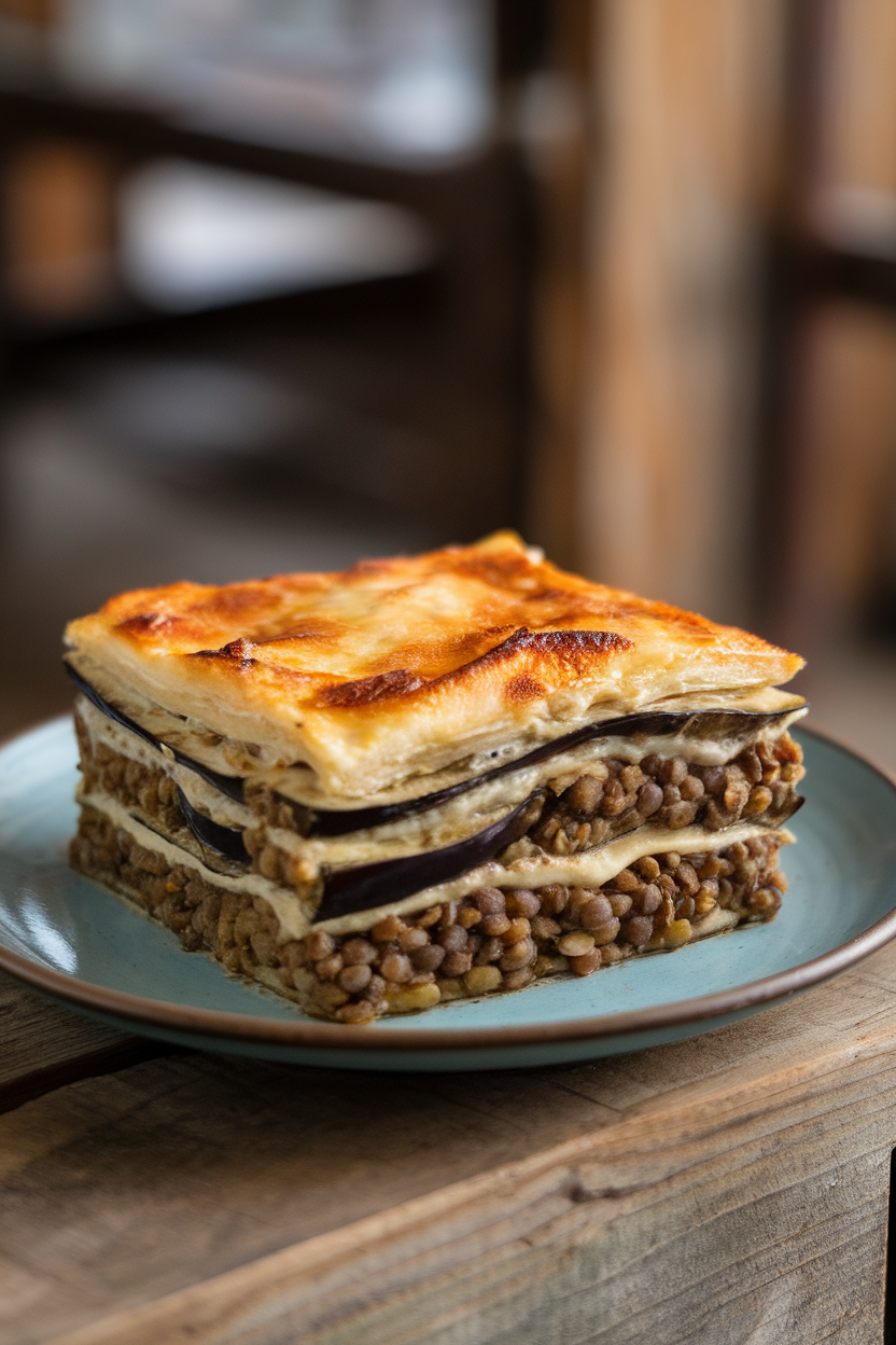 Photo of a square portion of vegetarian moussaka on a plate indoors, showing layers of eggplant, lentils, and creamy béchamel; no text or logos.