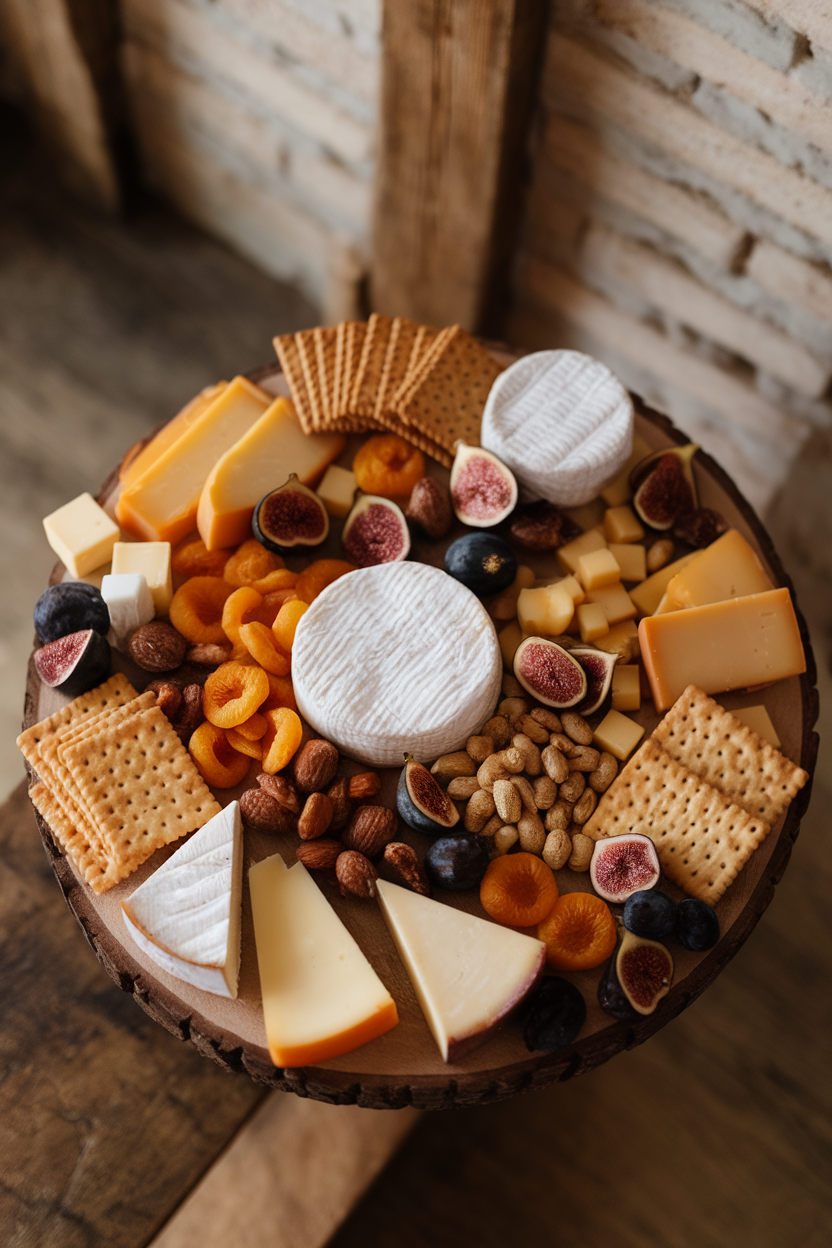Indoor overhead photo of a wooden board with assorted cheeses, figs, dried apricots, nuts, and crackers; no text or logos.