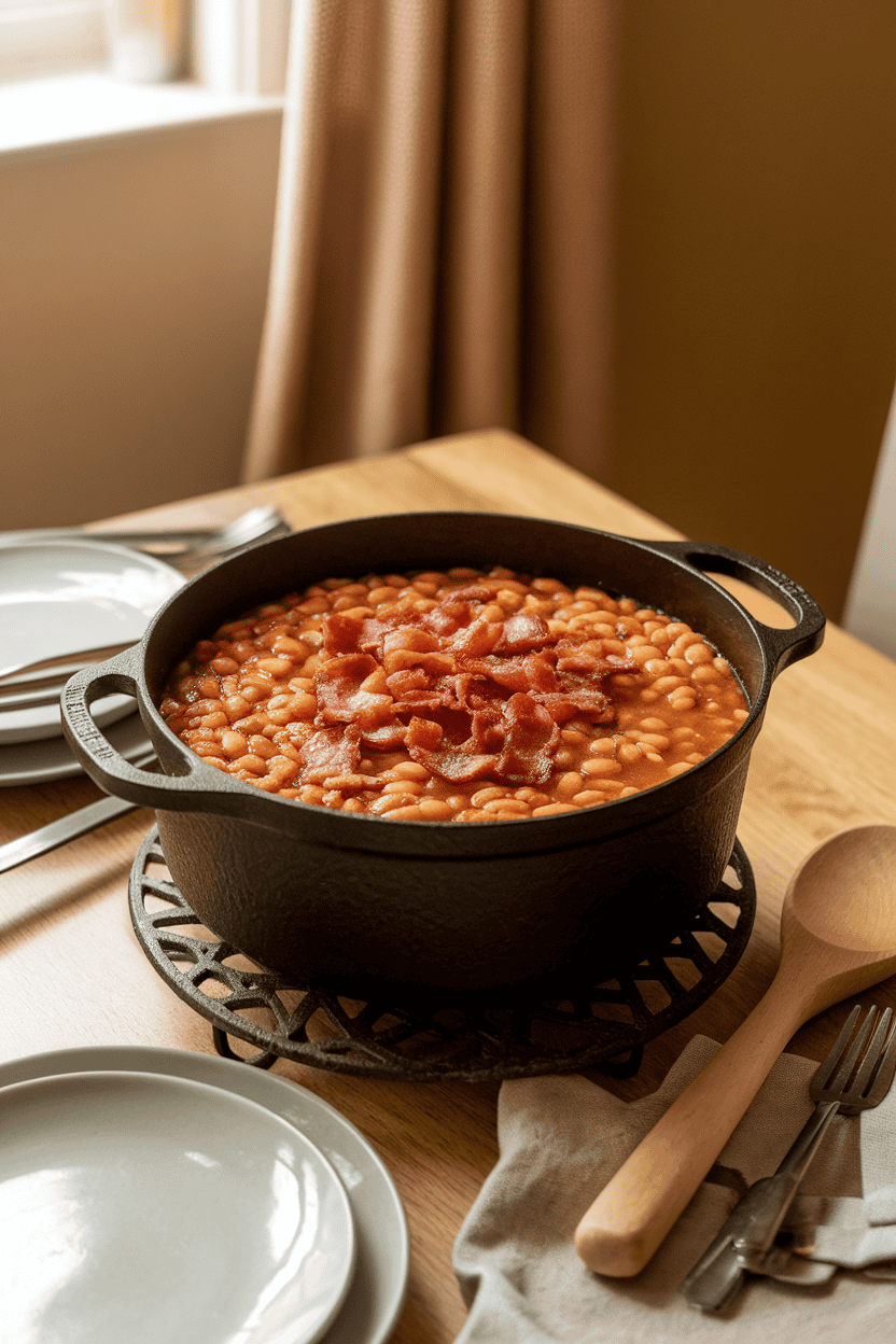 Warm indoor kitchen table with a cast-iron pot of bubbling baked beans topped with crispy bacon pieces. No text or logos present. Photo, not illustration.