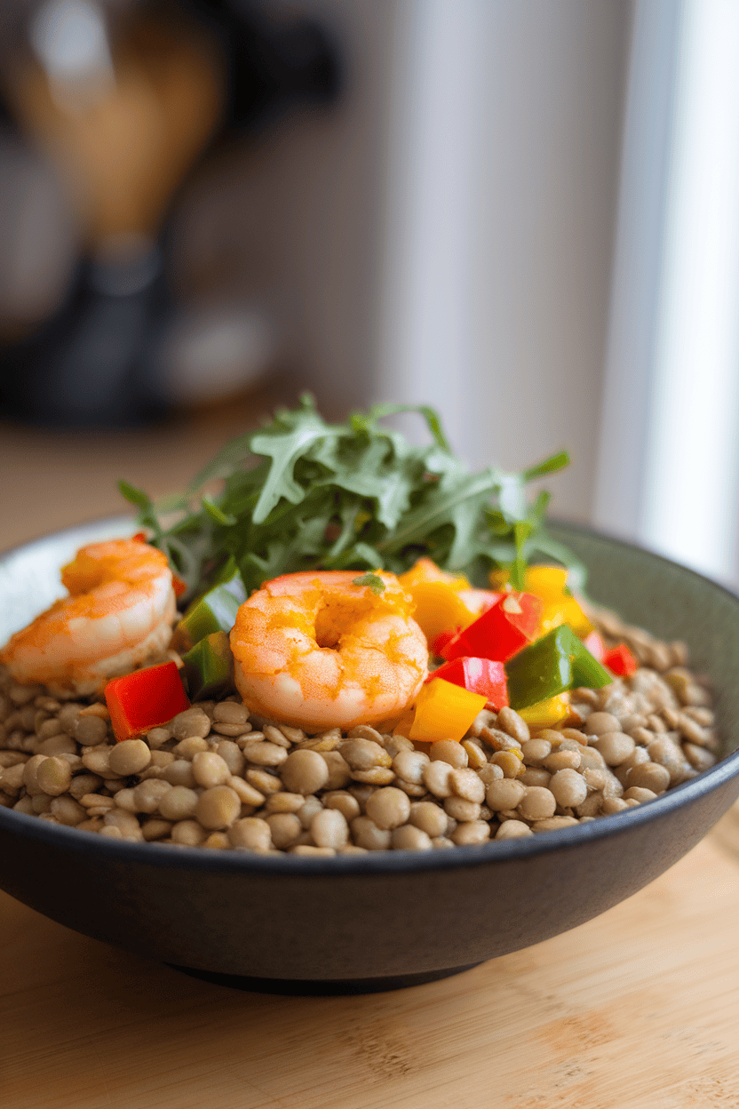 Indoor bowl of green lentils mixed with turmeric shrimp, diced bell peppers, and arugula. Photo only, no logos or text.