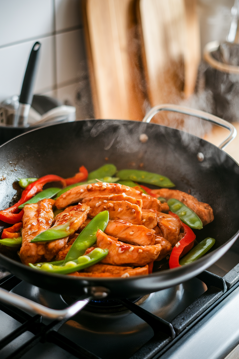 Indoor stovetop scene showing a wok filled with teriyaki-glazed chicken breast strips, bell peppers, and snap peas. Steam visible, no text or logos. Photo.