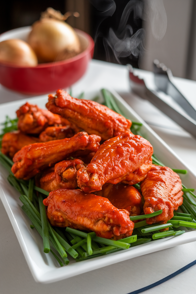 A white platter of baked chicken wings coated in bright red pepper sauce, steam visible indoors. Photo, no text or logos.
