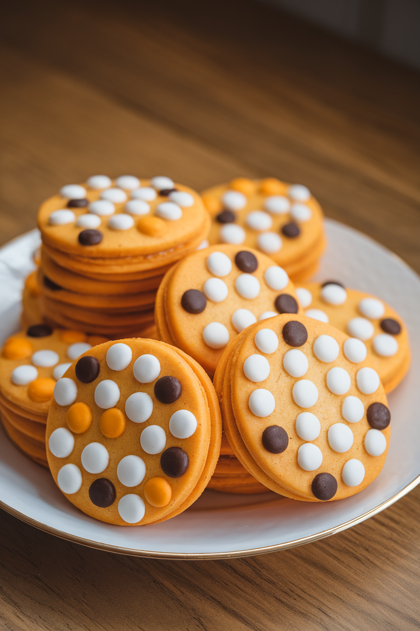 Indoor photo of round orange cookies covered in white and black polka dots, stacked casually, no text or logos.