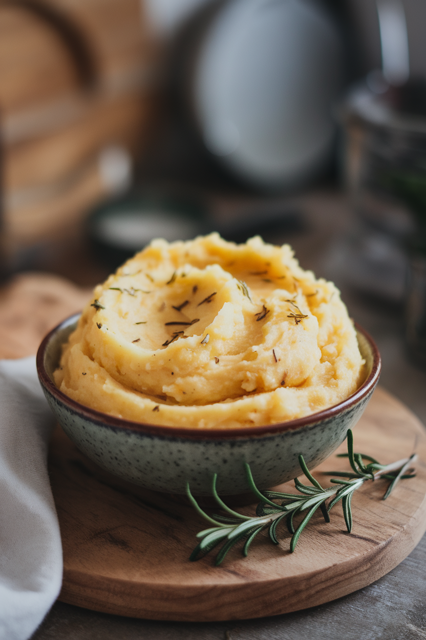 A rustic indoor bowl of orange-white mash swirled with butter, flecks of herbs visible; no text or logos. Photo only.