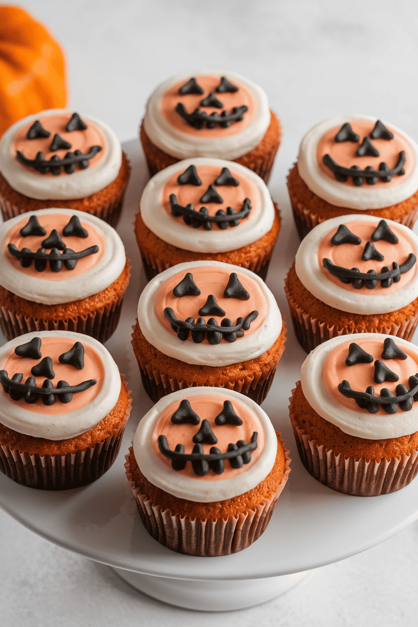 Photo indoors of orange-tinted carrot cupcakes with cream cheese frosting smoothed flat and jack-o’-lantern faces piped in black; no text or logos
