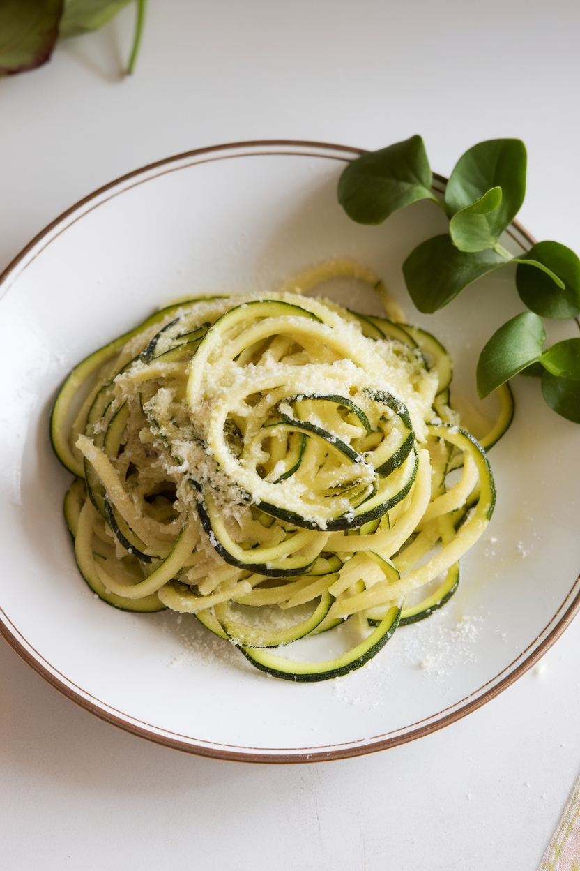 Indoor dinner plate containing tender zucchini noodles lightly coated in olive oil and sprinkled with grated Parmesan. No text or logos; photo only.