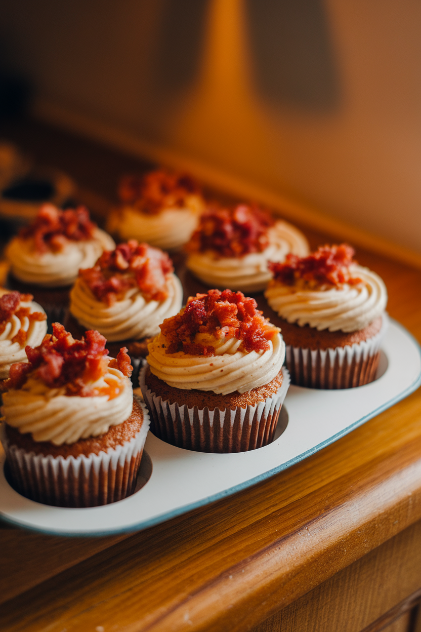 Indoor cupcake tray featuring maple-frosted cupcakes topped with crisp bacon crumbles, warm kitchen lighting. No text or logos.