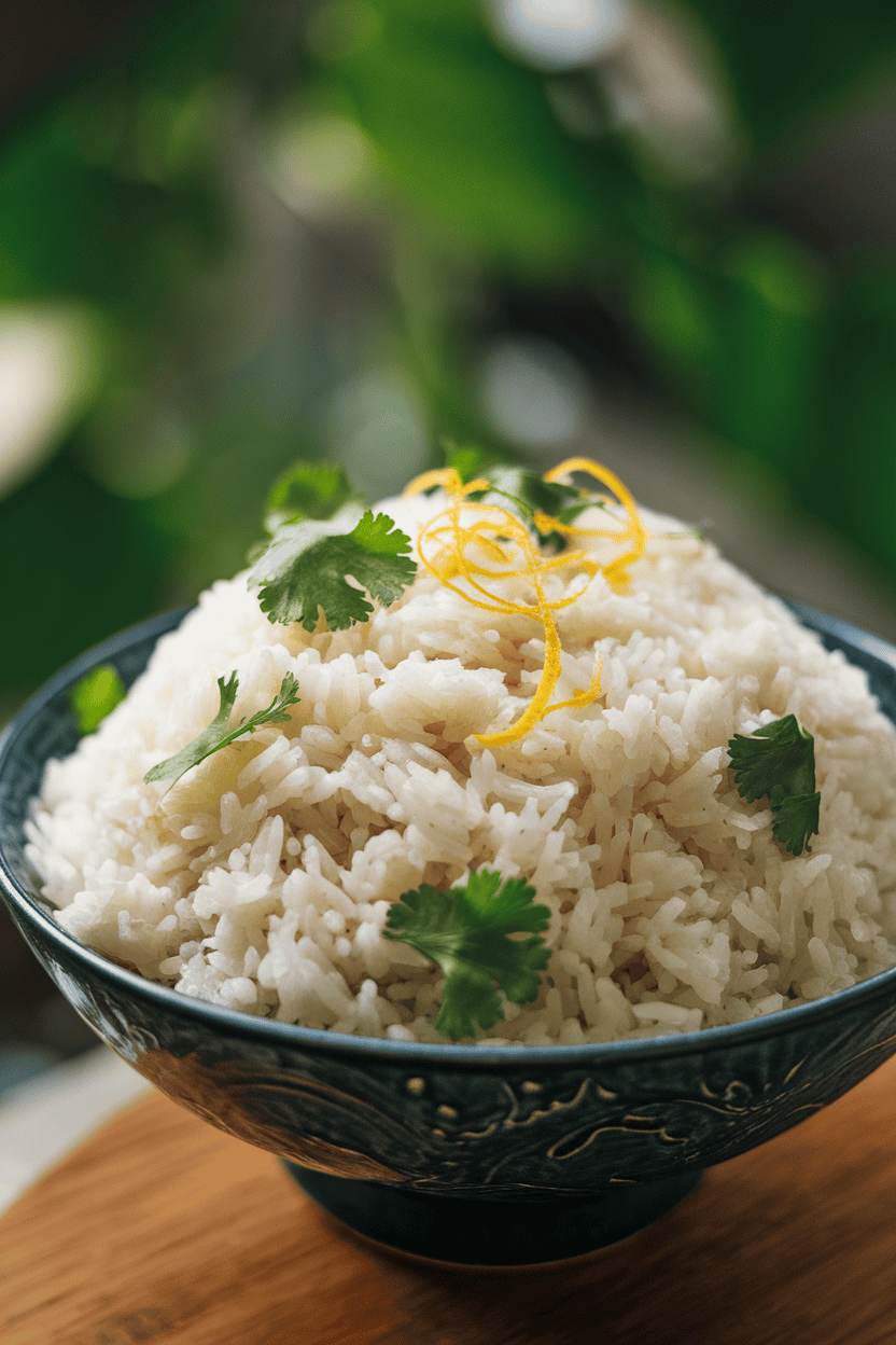 An indoor serving bowl of fluffy white rice flecked with lime zest and cilantro, subtle sheen indicating coconut milk. No text or logos; photo only.
