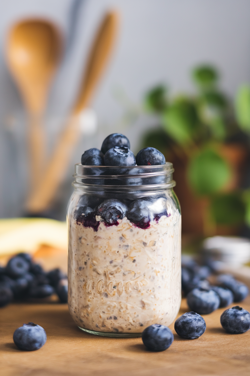 Indoor jar of overnight oats mixed with blueberries and vanilla protein powder, garnished with extra berries on top. No text or logos.