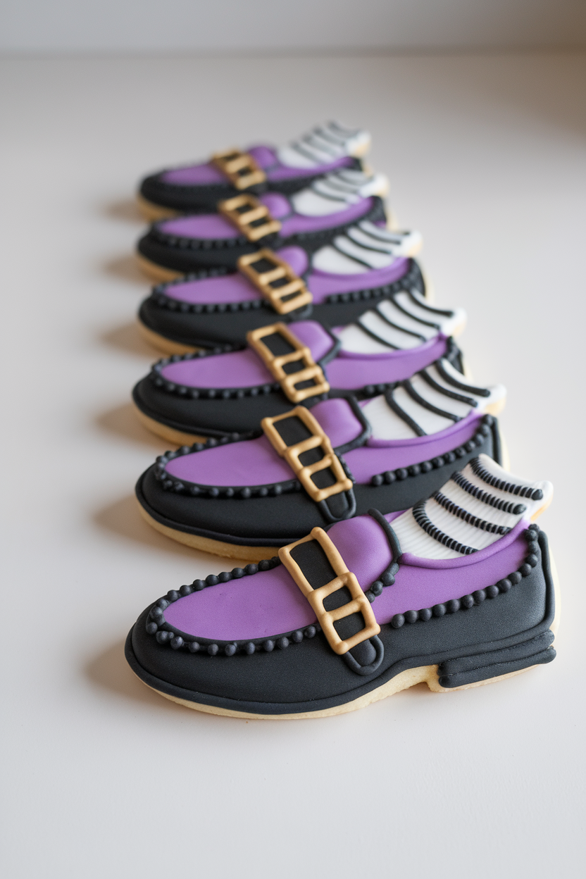 Indoor photo of shoe-shaped cookies in purple icing with gold square buckles and striped socks peeking out, no text or logos.