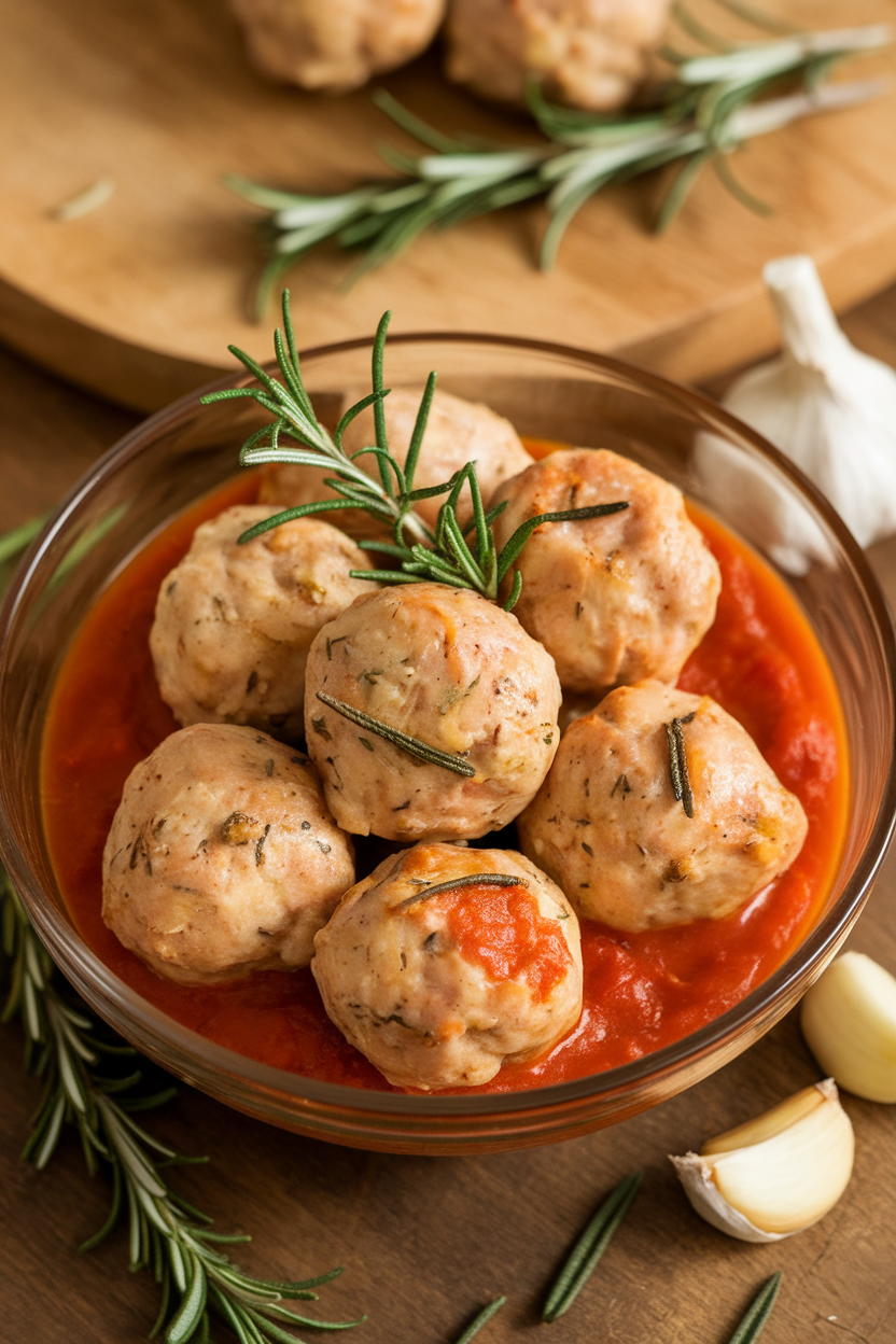Indoor photo of garlic rosemary chicken meatballs simmered in light tomato sauce, served in a shallow bowl; warm stove lighting, no text or logos