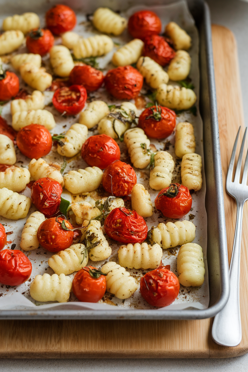A sheet pan indoors loaded with roasted potato gnocchi, cherry tomatoes, and anchovy-garlic oil, herbs scattered. No text or logos.
