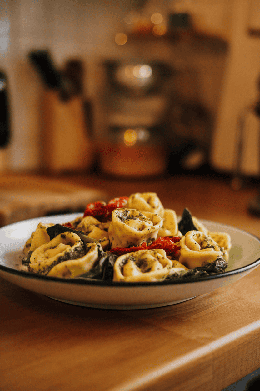 Indoor kitchen table photo of cheese tortellini coated in basil pesto, dotted with sun-dried tomatoes and baby spinach; no logos.