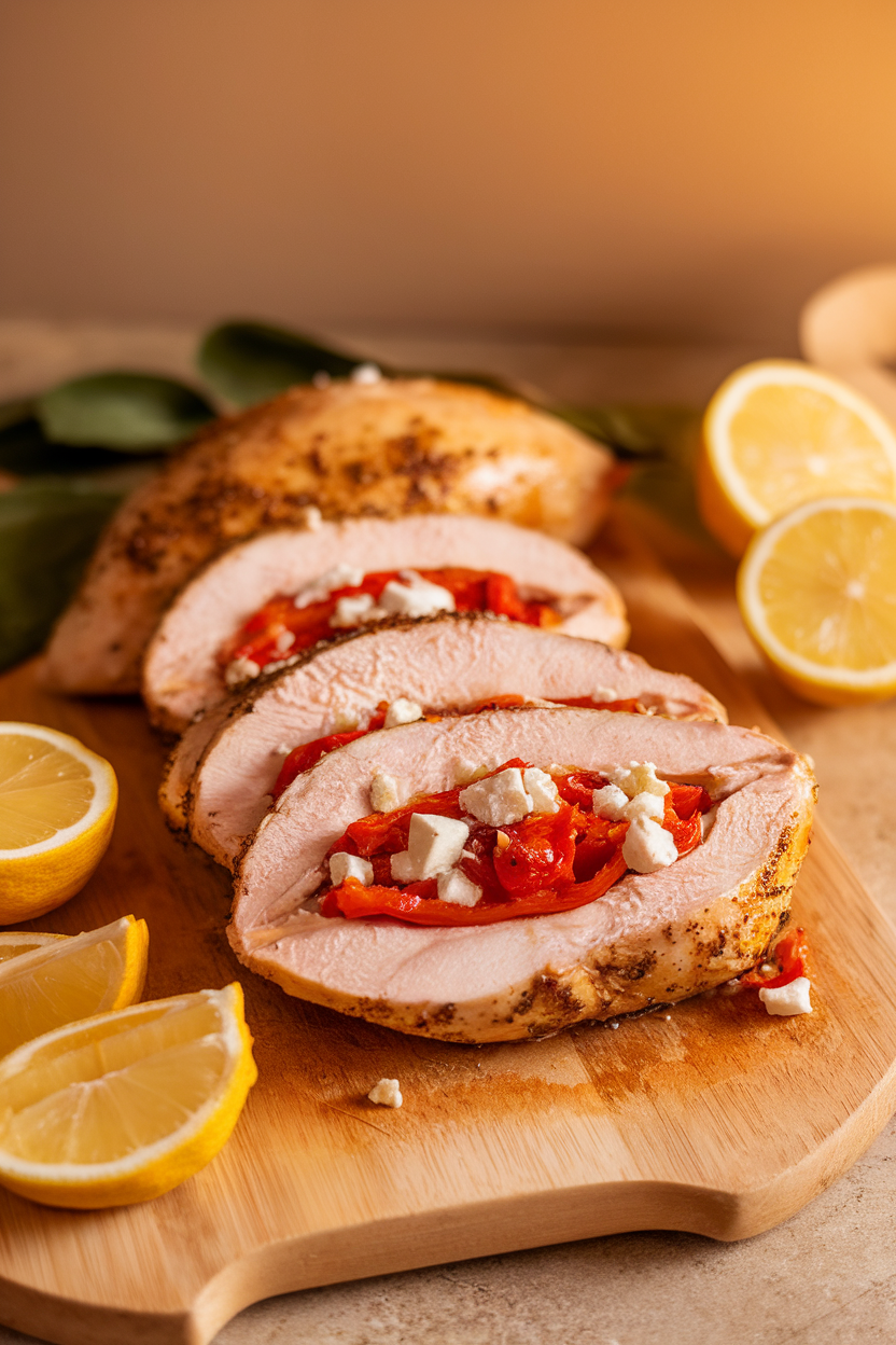 A slicing board indoors with chicken breasts stuffed with roasted red peppers and feta, sliced to reveal filling. Warm lighting, no logos.
