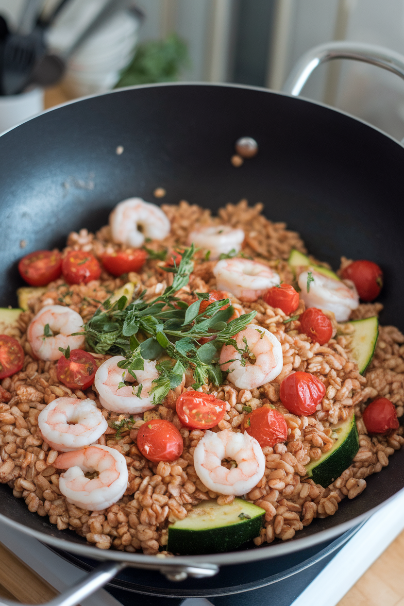 An indoor wok containing cooked farro tossed with shrimp, zucchini, and cherry tomatoes, herbs sprinkled on top. No text or logos; photography only.