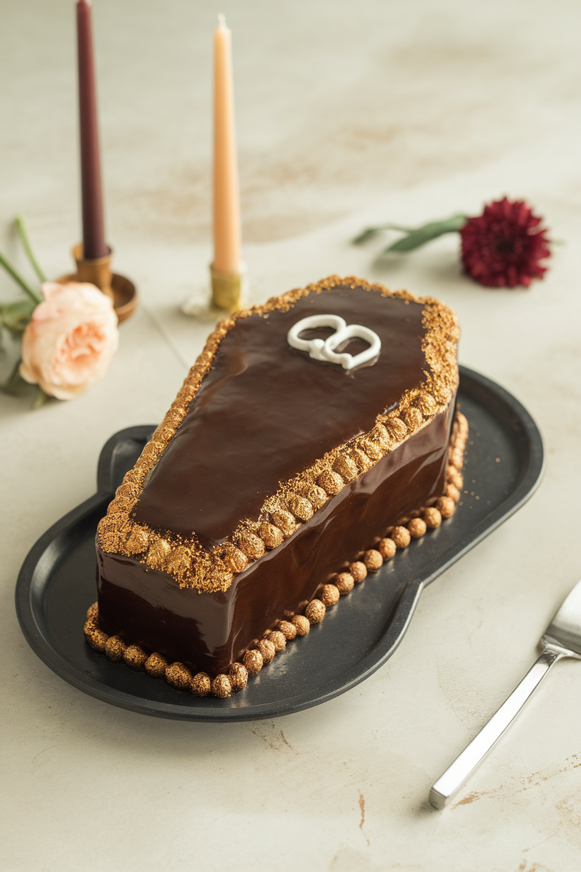 Indoor photo of a coffin-shaped cake coated in glossy espresso glaze with gold dust edging, sitting on a dark platter. No text or logos.