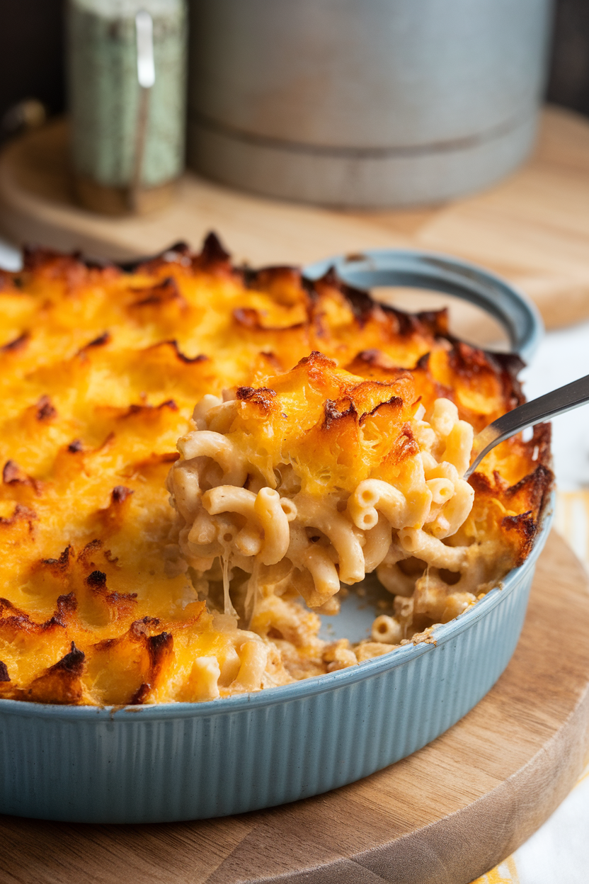 Indoor casserole dish of bubbling baked macaroni and cheese with a browned cheddar crust, a serving spoon scooping out a portion, no text or logos. Photo.