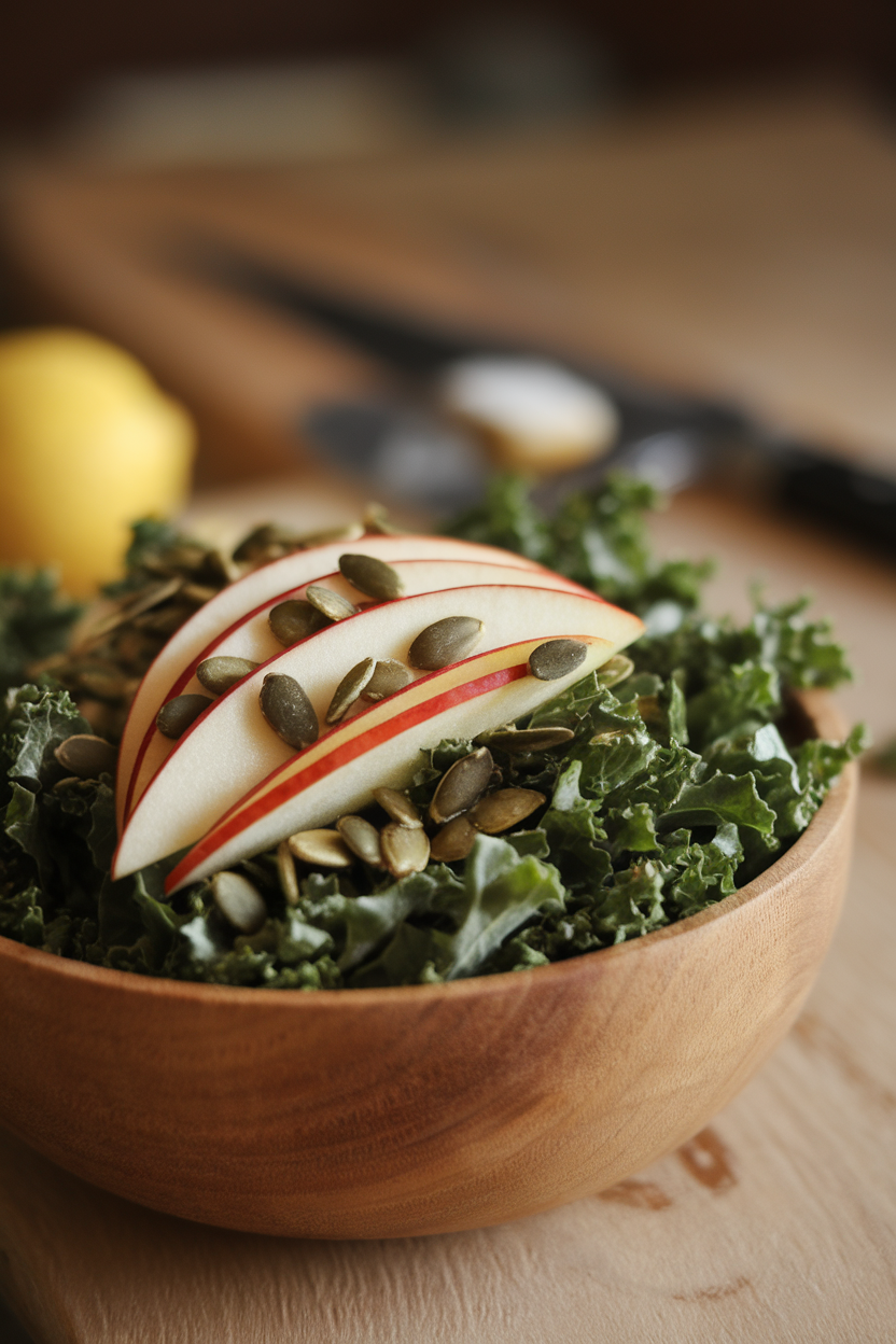Photo of an indoor wooden bowl holding shredded kale, thin apple slices, and pumpkin seeds glistening with vinaigrette; no text or logos