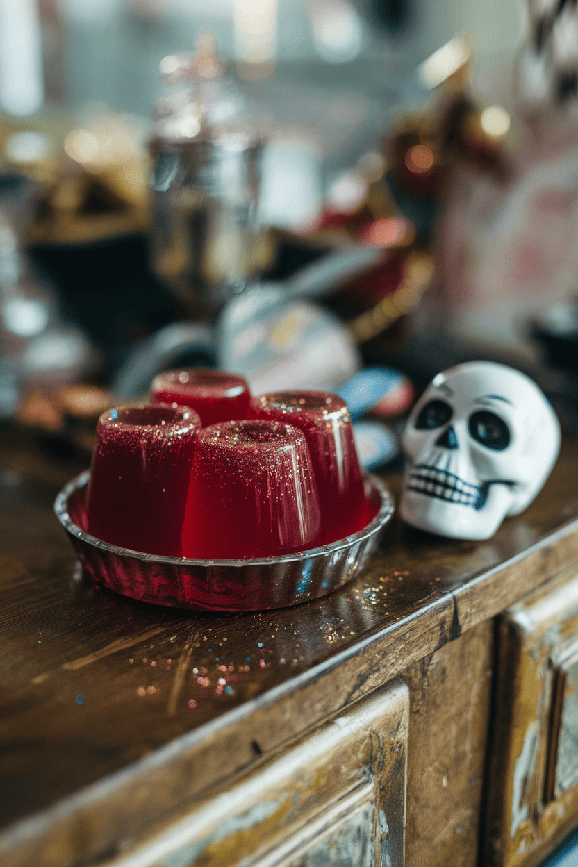 A wooden indoor counter holding deep red apple-flavored jello shots dusted with edible glitter, a small plastic skull nearby for atmosphere, no logos on props