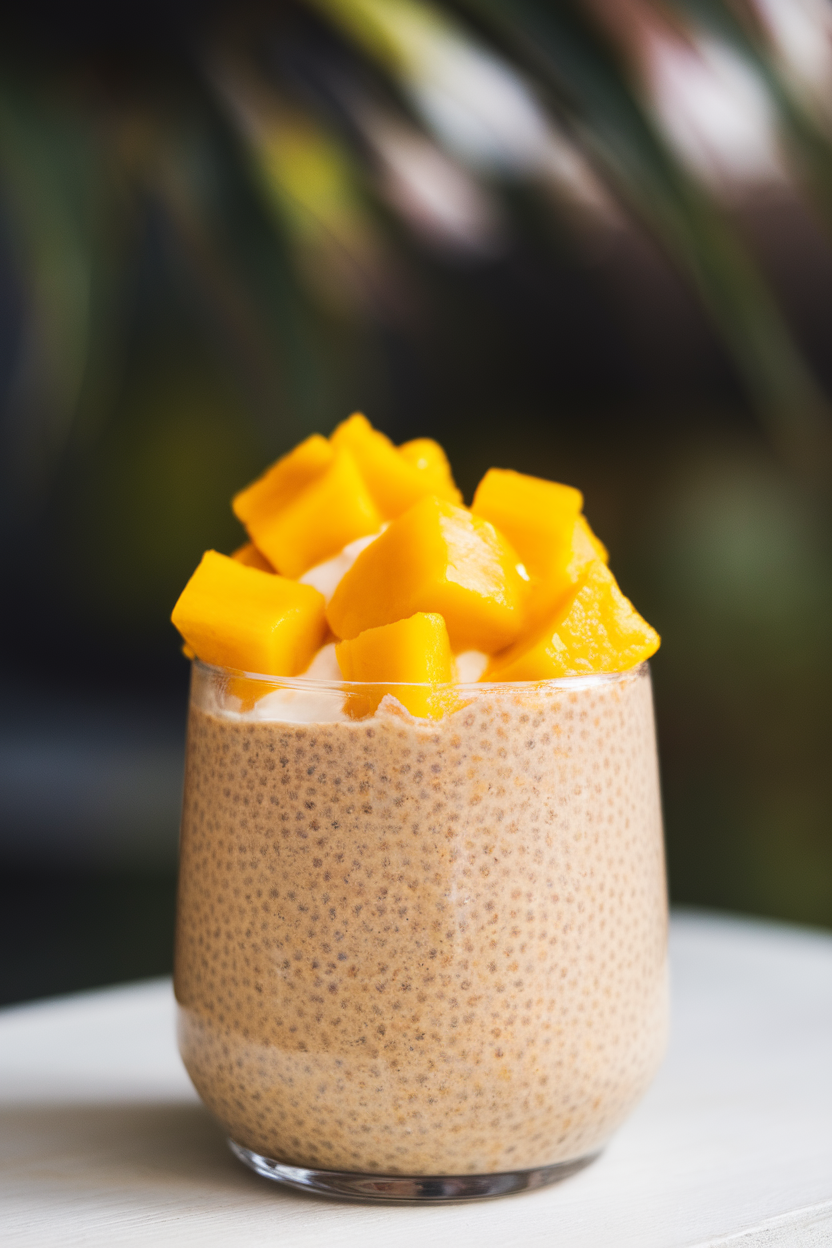 Indoor dessert cup of creamy coconut chia pudding topped with bright mango cubes, shot in soft daylight. No text or logos.