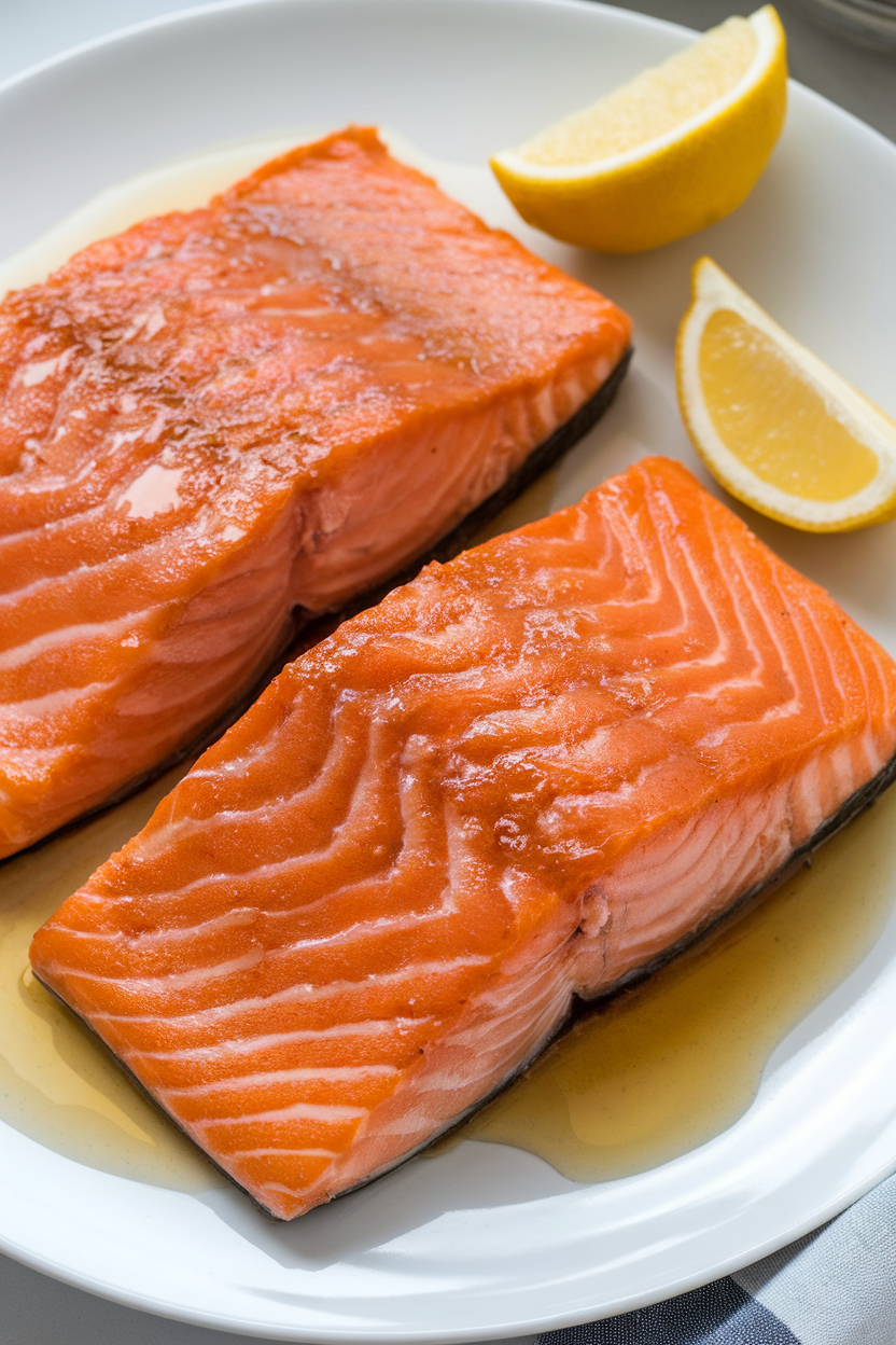 Indoor photo of cooked salmon fillets brushed with glossy maple glaze, lemon slices nearby, no raw fish visible, no text or logos. Photo only.
