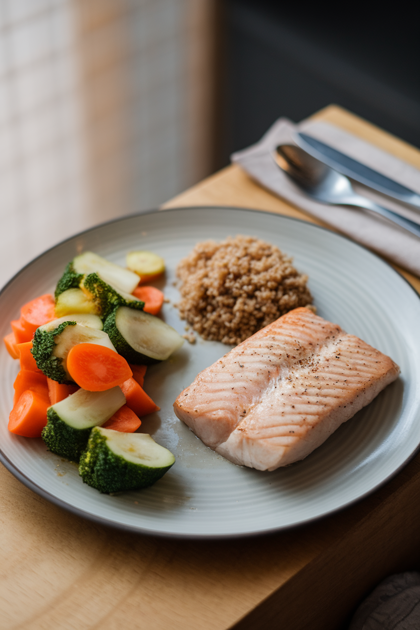 Indoor photo of a balanced dinner plate showing a palm-sized piece of fish, half the plate filled with vegetables, and a small scoop of quinoa; no text or logos
