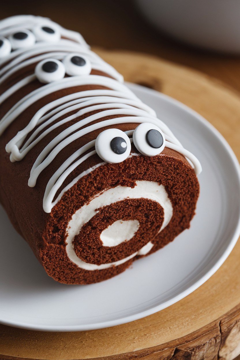 Indoor photo of a chocolate Swiss roll wrapped in white frosting bands, candy eyes peeking through. No text or logos.