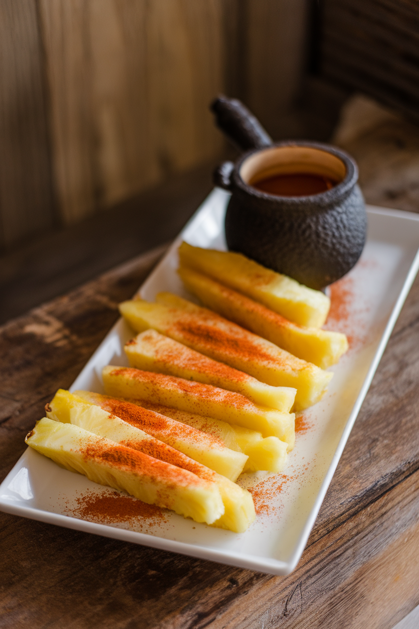 A rectangular white plate indoors with pineapple spears dusted lightly in pumpkin-pie spice, small cauldron of honey for dipping at one end. No text or logos.