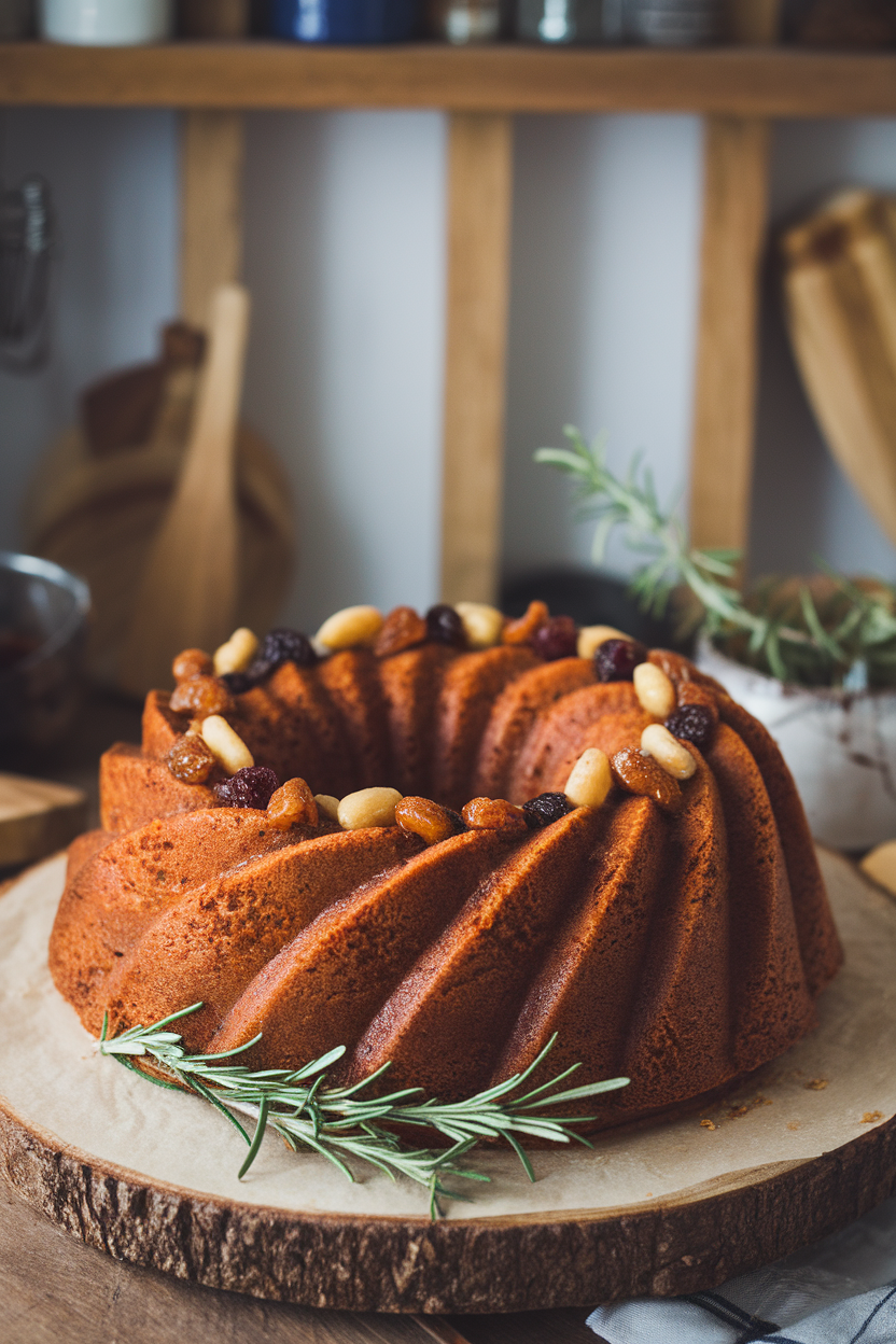 Indoor photo of a horn-shaped Bundt cake decorated with candied nuts, dried fruits, and rosemary sprigs overflowing like a cornucopia. No text or logos.