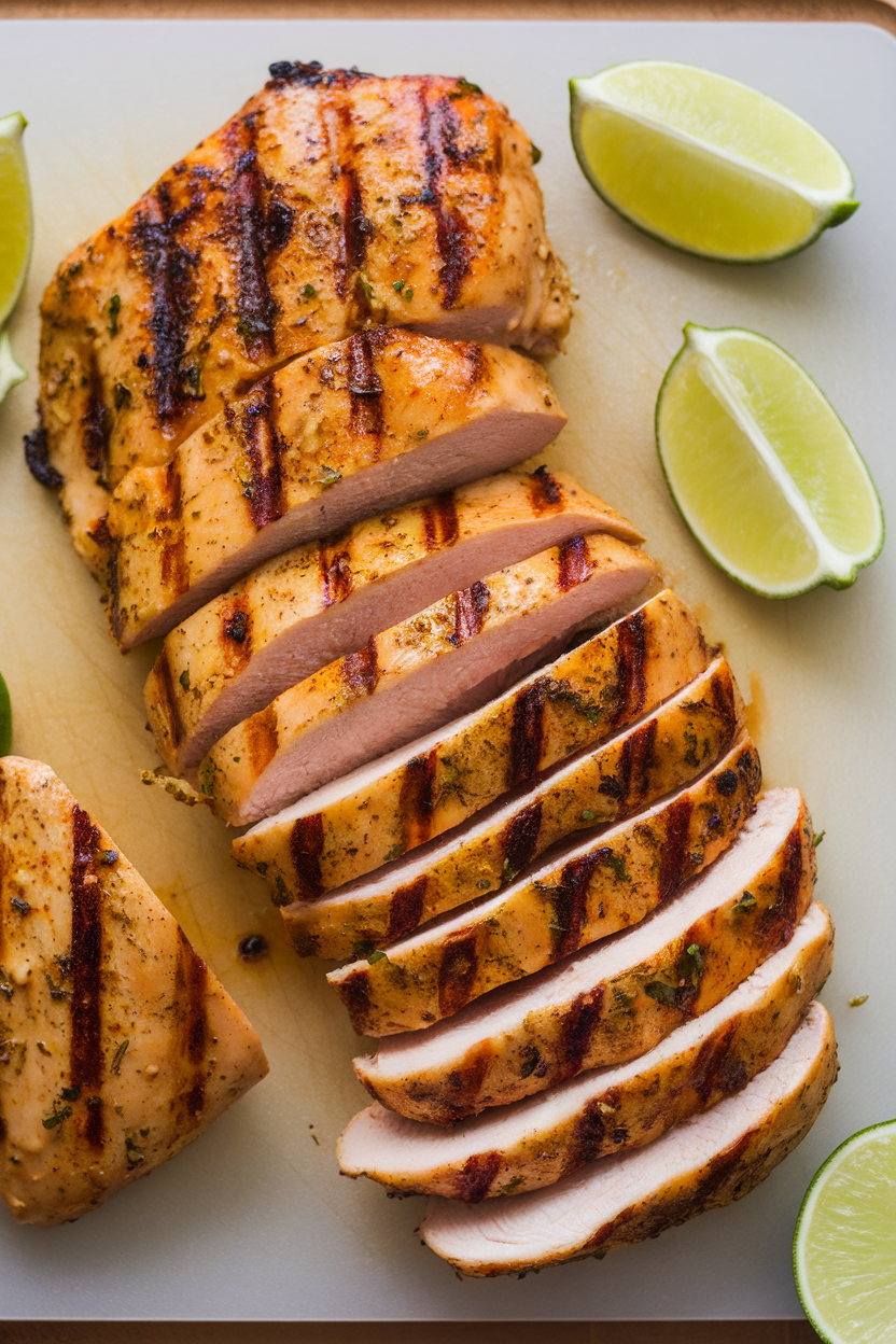 Indoor cutting board with sliced chili-lime chicken breast, grill marks visible, lime wedges on side, no logos. Photo.