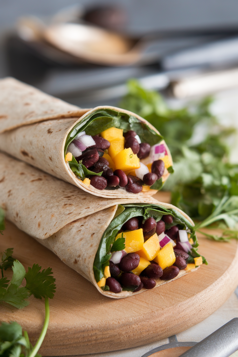 Indoor photo of a whole-grain wrap sliced open, revealing black beans, diced mango, red onion, and leafy greens. No text or logos.