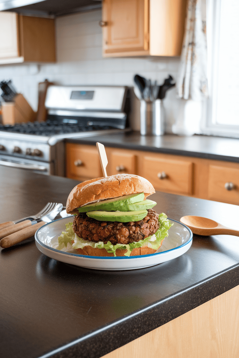 An indoor kitchen island displaying black bean veggie burgers on whole-wheat buns with avocado slices and lettuce; no text or logos, photo only.